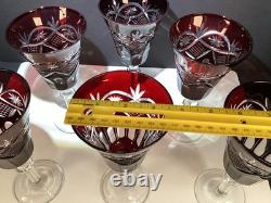 6 VTG bohemian ruby Red cut to clear glasses/goblet water/wine