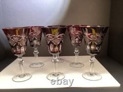 6 VTG bohemian ruby Red cut to clear glasses/goblet water/wine