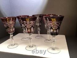 6 VTG bohemian ruby Red cut to clear glasses/goblet water/wine