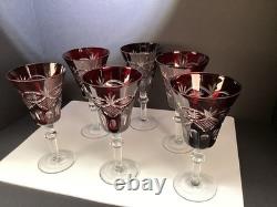 6 VTG bohemian ruby Red cut to clear glasses/goblet water/wine