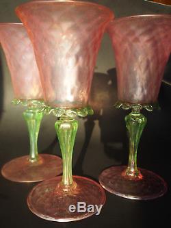 6 Vintage 50's Venetian Iridescent Pink Green Wine Stem Glass Goblets 8.5 Tall