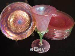 6 Vintage 50's Venetian Iridescent Pink Green Wine Stem Glass Goblets 8.5 Tall