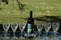 6 Vintage Acid Etched CRYSTAL Wine Glasses, Monongah, Etch 803, 1920's