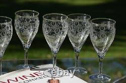 6 Vintage Acid Etched CRYSTAL Wine Glasses, Monongah, Etch 803, 1920's