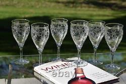 6 Vintage Acid Etched CRYSTAL Wine Glasses, Monongah, Etch 803, 1920's