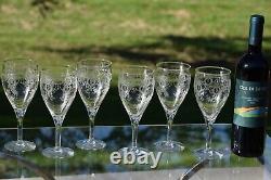 6 Vintage Acid Etched CRYSTAL Wine Glasses, Monongah, Etch 803, 1920's