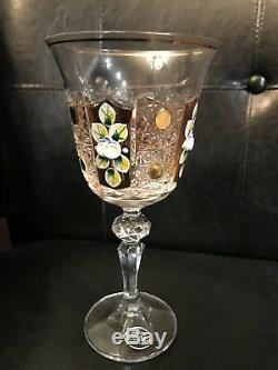 6 Vintage Bohemia 18k Gold Enamel Queen Lace Crystal Wine Goblet Glasses 9 Oz