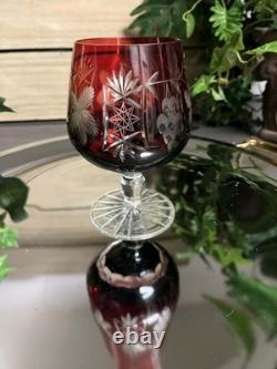6 Vintage Bohemian Cut Crystal Wine & Cordial Glasses Grape Pattern Mixed Colors