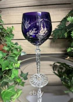 6 Vintage Bohemian Cut Crystal Wine & Cordial Glasses Grape Pattern Mixed Colors