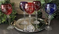 6 Vintage Bohemian Cut Crystal Wine & Cordial Glasses Grape Pattern Mixed Colors