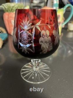 6 Vintage Bohemian Cut Crystal Wine & Cordial Glasses Grape Pattern Mixed Colors