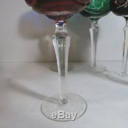 6 Vintage Bohemian Cut Crystal Wine Glass 7.75 6 Colored Long Stemmed
