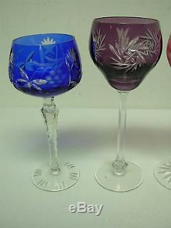6 Vintage Bohemian Cut To Clear Cobalt Blue Amethyst Pink Ruby Hock Wine Glasses