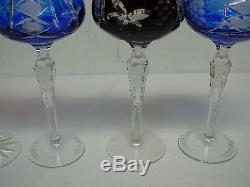 6 Vintage Bohemian Cut To Clear Cobalt Blue Amethyst Pink Ruby Hock Wine Glasses