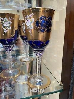 6 Vintage Bohemian Czech Cobalt Blue Stem Wines Florals And GOLD Trim Stunning