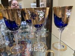 6 Vintage Bohemian Czech Cobalt Blue Stem Wines Florals And GOLD Trim Stunning