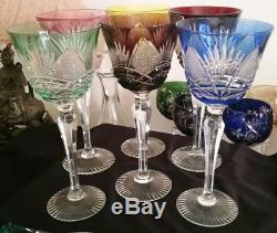 6 Vintage Bohemian Czech Cut To Clear 8.25 Multicolor Wine Hocks Glass Stemware