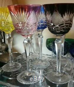 6 Vintage Bohemian Czech Cut To Clear 8.25 Multicolor Wine Hocks Glass Stemware