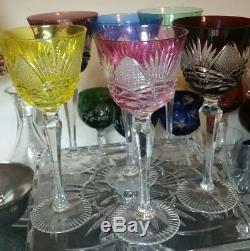 6 Vintage Bohemian Czech Cut To Clear 8.25 Multicolor Wine Hocks Glass Stemware