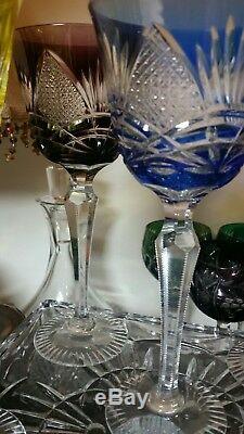 6 Vintage Bohemian Czech Cut To Clear 8.25 Multicolor Wine Hocks Glass Stemware