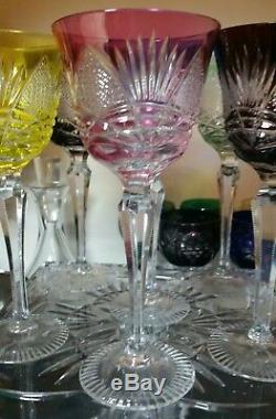 6 Vintage Bohemian Czech Cut To Clear 8.25 Multicolor Wine Hocks Glass Stemware