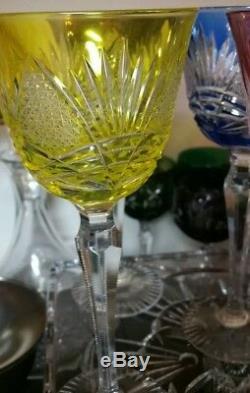 6 Vintage Bohemian Czech Cut To Clear 8.25 Multicolor Wine Hocks Glass Stemware