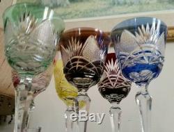 6 Vintage Bohemian Czech Cut To Clear 8.25 Multicolor Wine Hocks Glass Stemware