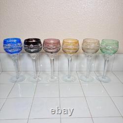 6 Vintage Bohemian Czech Cut to Clear Multicolor Crystal Hock Wine Glasses 8¼