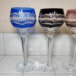 6 Vintage Bohemian Czech Cut to Clear Multicolor Crystal Hock Wine Glasses 8¼