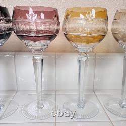 6 Vintage Bohemian Czech Cut to Clear Multicolor Crystal Hock Wine Glasses 8¼