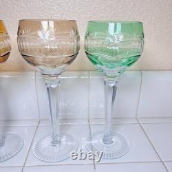 6 Vintage Bohemian Czech Cut to Clear Multicolor Crystal Hock Wine Glasses 8¼