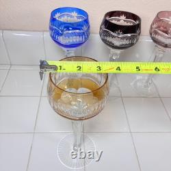 6 Vintage Bohemian Czech Cut to Clear Multicolor Crystal Hock Wine Glasses 8¼