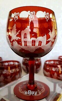 (6) Vintage Bohemian Ruby Red Crystal Cut To Clear Fancy Wine Hooks Stemware