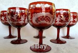 (6) Vintage Bohemian Ruby Red Crystal Cut To Clear Fancy Wine Hooks Stemware