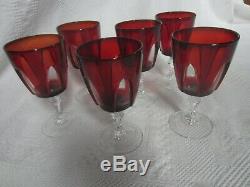 6 Vintage Bohemian Ruby Red Crystal Cut to Clear Wine/Water Stemware