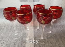 6 Vintage Bohemian Ruby Red Crystal Wine Glasses, Gilded Grapes & Rim, VGC, 7H
