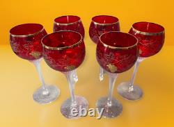 6 Vintage Bohemian Ruby Red Crystal Wine Glasses, Gilded Grapes & Rim, VGC, 7H