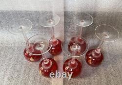 6 Vintage Bohemian Ruby Red Crystal Wine Glasses, Gilded Grapes & Rim, VGC, 7H
