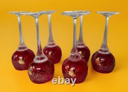 6 Vintage Bohemian Ruby Red Crystal Wine Glasses, Gilded Grapes & Rim, VGC, 7H