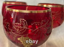 6 Vintage Bohemian Ruby Red Crystal Wine Glasses, Gilded Grapes & Rim, VGC, 7H