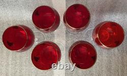 6 Vintage Bohemian Ruby Red Crystal Wine Glasses, Gilded Grapes & Rim, VGC, 7H