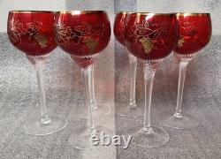 6 Vintage Bohemian Ruby Red Crystal Wine Glasses, Gilded Grapes & Rim, VGC, 7H