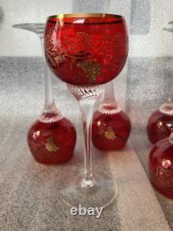 6 Vintage Bohemian Ruby Red Crystal Wine Glasses, Gilded Grapes & Rim, VGC, 7H