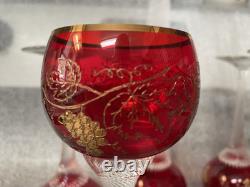 6 Vintage Bohemian Ruby Red Crystal Wine Glasses, Gilded Grapes & Rim, VGC, 7H