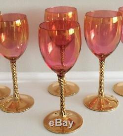 6 Vintage Cranberry Opalescent Crystal Gold Twisted Stem Wine Glasses