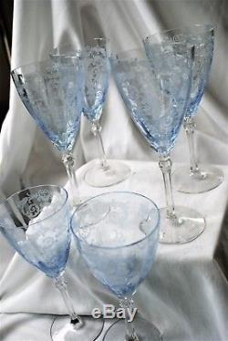 6 Vintage Etched Fostoria Versailles Blue Caret Wine Stems 81/4