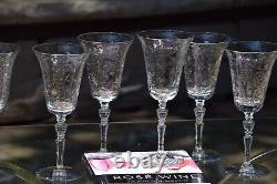 6 Vintage Etched Tall Wine Glasses Water Goblets, Rock Sharpe, 1950's