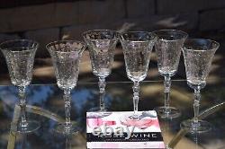 6 Vintage Etched Tall Wine Glasses Water Goblets, Rock Sharpe, 1950's