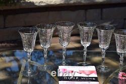 6 Vintage Etched Tall Wine Glasses Water Goblets, Rock Sharpe, 1950's