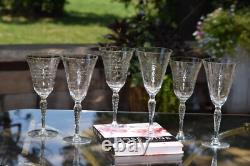 6 Vintage Etched Wine Glasses, Set of 6 Mis-Matched Etched Wine Glasses